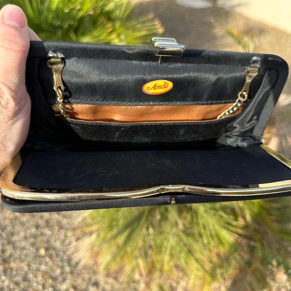 Vintage Ande Black Satin Clutch with Chain - Picture 5 of 6